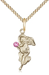 [4260GF-STN10/18G] 14kt Gold Filled Guardian Angel Pendant with a 3mm Rose Swarovski stone on a 18 inch Gold Plate Light Curb chain