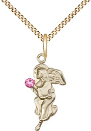 [4260GF-STN10/18G] 14kt Gold Filled Guardian Angel Pendant with a 3mm Rose Swarovski stone on a 18 inch Gold Plate Light Curb chain