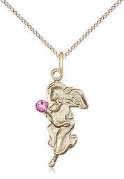 [4260GF-STN10/18GF] 14kt Gold Filled Guardian Angel Pendant with a 3mm Rose Swarovski stone on a 18 inch Gold Filled Light Curb chain