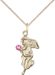 [4260GF-STN10/18GF] 14kt Gold Filled Guardian Angel Pendant with a 3mm Rose Swarovski stone on a 18 inch Gold Filled Light Curb chain