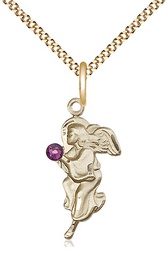 [4260GF-STN2/18G] 14kt Gold Filled Guardian Angel Pendant with a 3mm Amethyst Swarovski stone on a 18 inch Gold Plate Light Curb chain