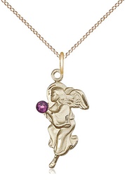 [4260GF-STN2/18GF] 14kt Gold Filled Guardian Angel Pendant with a 3mm Amethyst Swarovski stone on a 18 inch Gold Filled Light Curb chain