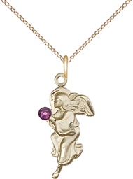 [4260GF-STN2/18GF] 14kt Gold Filled Guardian Angel Pendant with a 3mm Amethyst Swarovski stone on a 18 inch Gold Filled Light Curb chain