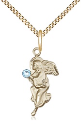 [4260GF-STN3/18G] 14kt Gold Filled Guardian Angel Pendant with a 3mm Aqua Swarovski stone on a 18 inch Gold Plate Light Curb chain