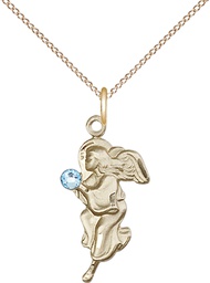 [4260GF-STN3/18GF] 14kt Gold Filled Guardian Angel Pendant with a 3mm Aqua Swarovski stone on a 18 inch Gold Filled Light Curb chain