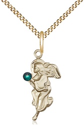 [4260GF-STN5/18G] 14kt Gold Filled Guardian Angel Pendant with a 3mm Emerald Swarovski stone on a 18 inch Gold Plate Light Curb chain