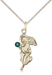 [4260GF-STN5/18GF] 14kt Gold Filled Guardian Angel Pendant with a 3mm Emerald Swarovski stone on a 18 inch Gold Filled Light Curb chain