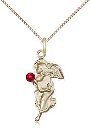 [4260GF-STN7/18GF] 14kt Gold Filled Guardian Angel Pendant with a 3mm Ruby Swarovski stone on a 18 inch Gold Filled Light Curb chain