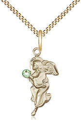 [4260GF-STN8/18G] 14kt Gold Filled Guardian Angel Pendant with a 3mm Peridot Swarovski stone on a 18 inch Gold Plate Light Curb chain