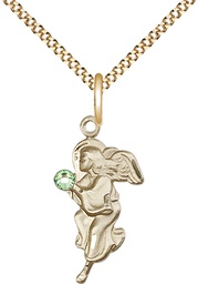 [4260GF-STN8/18G] 14kt Gold Filled Guardian Angel Pendant with a 3mm Peridot Swarovski stone on a 18 inch Gold Plate Light Curb chain