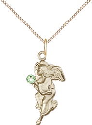 [4260GF-STN8/18GF] 14kt Gold Filled Guardian Angel Pendant with a 3mm Peridot Swarovski stone on a 18 inch Gold Filled Light Curb chain