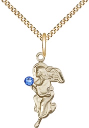 [4260GF-STN9/18G] 14kt Gold Filled Guardian Angel Pendant with a 3mm Sapphire Swarovski stone on a 18 inch Gold Plate Light Curb chain