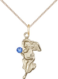 [4260GF-STN9/18GF] 14kt Gold Filled Guardian Angel Pendant with a 3mm Sapphire Swarovski stone on a 18 inch Gold Filled Light Curb chain