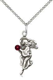 [4260SS-STN1/18SS] Sterling Silver Guardian Angel Pendant with a 3mm Garnet Swarovski stone on a 18 inch Sterling Silver Light Curb chain