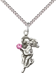 [4260SS-STN10/18S] Sterling Silver Guardian Angel Pendant with a 3mm Rose Swarovski stone on a 18 inch Light Rhodium Light Curb chain