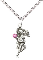 [4260SS-STN10/18S] Sterling Silver Guardian Angel Pendant with a 3mm Rose Swarovski stone on a 18 inch Light Rhodium Light Curb chain