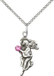 [4260SS-STN10/18SS] Sterling Silver Guardian Angel Pendant with a 3mm Rose Swarovski stone on a 18 inch Sterling Silver Light Curb chain