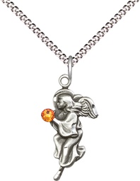 [4260SS-STN11/18S] Sterling Silver Guardian Angel Pendant with a 3mm Topaz Swarovski stone on a 18 inch Light Rhodium Light Curb chain