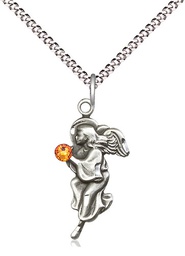 [4260SS-STN11/18S] Sterling Silver Guardian Angel Pendant with a 3mm Topaz Swarovski stone on a 18 inch Light Rhodium Light Curb chain
