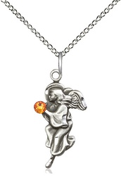 [4260SS-STN11/18SS] Sterling Silver Guardian Angel Pendant with a 3mm Topaz Swarovski stone on a 18 inch Sterling Silver Light Curb chain