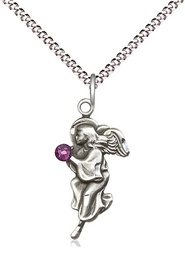 [4260SS-STN2/18S] Sterling Silver Guardian Angel Pendant with a 3mm Amethyst Swarovski stone on a 18 inch Light Rhodium Light Curb chain
