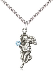 [4260SS-STN3/18S] Sterling Silver Guardian Angel Pendant with a 3mm Aqua Swarovski stone on a 18 inch Light Rhodium Light Curb chain