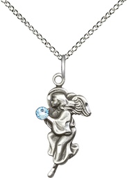 [4260SS-STN3/18SS] Sterling Silver Guardian Angel Pendant with a 3mm Aqua Swarovski stone on a 18 inch Sterling Silver Light Curb chain