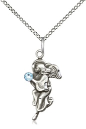 [4260SS-STN3/18SS] Sterling Silver Guardian Angel Pendant with a 3mm Aqua Swarovski stone on a 18 inch Sterling Silver Light Curb chain