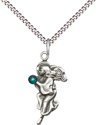 [4260SS-STN5/18S] Sterling Silver Guardian Angel Pendant with a 3mm Emerald Swarovski stone on a 18 inch Light Rhodium Light Curb chain