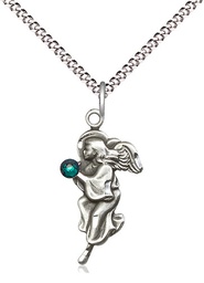 [4260SS-STN5/18S] Sterling Silver Guardian Angel Pendant with a 3mm Emerald Swarovski stone on a 18 inch Light Rhodium Light Curb chain