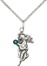 [4260SS-STN5/18SS] Sterling Silver Guardian Angel Pendant with a 3mm Emerald Swarovski stone on a 18 inch Sterling Silver Light Curb chain