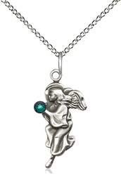 [4260SS-STN5/18SS] Sterling Silver Guardian Angel Pendant with a 3mm Emerald Swarovski stone on a 18 inch Sterling Silver Light Curb chain