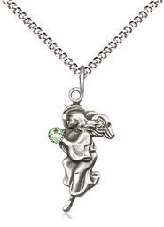 [4260SS-STN8/18S] Sterling Silver Guardian Angel Pendant with a 3mm Peridot Swarovski stone on a 18 inch Light Rhodium Light Curb chain