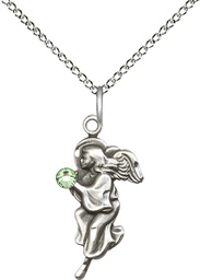 [4260SS-STN8/18SS] Sterling Silver Guardian Angel Pendant with a 3mm Peridot Swarovski stone on a 18 inch Sterling Silver Light Curb chain