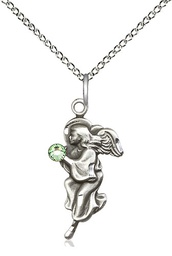 [4260SS-STN8/18SS] Sterling Silver Guardian Angel Pendant with a 3mm Peridot Swarovski stone on a 18 inch Sterling Silver Light Curb chain