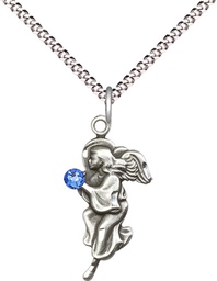 [4260SS-STN9/18S] Sterling Silver Guardian Angel Pendant with a 3mm Sapphire Swarovski stone on a 18 inch Light Rhodium Light Curb chain