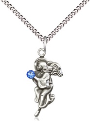 [4260SS-STN9/18S] Sterling Silver Guardian Angel Pendant with a 3mm Sapphire Swarovski stone on a 18 inch Light Rhodium Light Curb chain