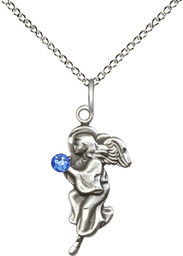 [4260SS-STN9/18SS] Sterling Silver Guardian Angel Pendant with a 3mm Sapphire Swarovski stone on a 18 inch Sterling Silver Light Curb chain