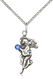 [4260SS-STN9/18SS] Sterling Silver Guardian Angel Pendant with a 3mm Sapphire Swarovski stone on a 18 inch Sterling Silver Light Curb chain