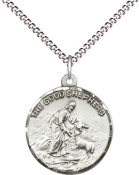 [4264SS/18S] Sterling Silver Good Shepherd Pendant on a 18 inch Light Rhodium Light Curb chain