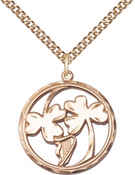 [5104GF/24GF] 14kt Gold Filled Irish Shamrock Harp Pendant on a 24 inch Gold Filled Heavy Curb chain