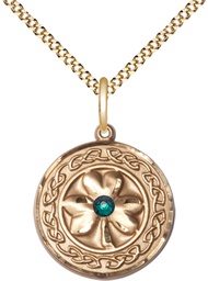 [5106GF-STN5/18G] 14kt Gold Filled Shamrock w/Celtic Border &amp; Emerald Stone Pendant with a 3mm Emerald Swarovski stone on a 18 inch Gold Plate Light Curb chain