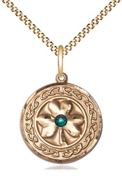 [5106GF-STN5/18G] 14kt Gold Filled Shamrock w/Celtic Border &amp; Emerald Stone Pendant with a 3mm Emerald Swarovski stone on a 18 inch Gold Plate Light Curb chain