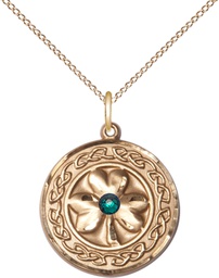 [5106GF-STN5/18GF] 14kt Gold Filled Shamrock w/Celtic Border &amp; Emerald Stone Pendant with a 3mm Emerald Swarovski stone on a 18 inch Gold Filled Light Curb chain