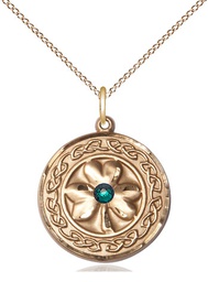 [5106GF-STN5/18GF] 14kt Gold Filled Shamrock w/Celtic Border &amp; Emerald Stone Pendant with a 3mm Emerald Swarovski stone on a 18 inch Gold Filled Light Curb chain