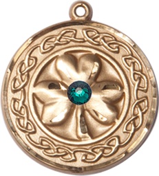 [5106KT-STN5] 14kt Gold Shamrock w/Celtic Border &amp; Emerald Stone Medal with a 3mm Emerald Swarovski stone