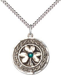 [5106SS-STN5/18S] Sterling Silver Shamrock w/Celtic Border &amp; Emerald Stone Pendant with a 3mm Emerald Swarovski stone on a 18 inch Light Rhodium Light Curb chain