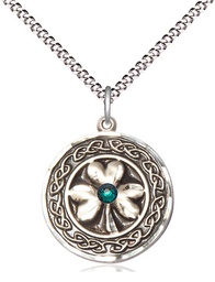 [5106SS-STN5/18S] Sterling Silver Shamrock w/Celtic Border &amp; Emerald Stone Pendant with a 3mm Emerald Swarovski stone on a 18 inch Light Rhodium Light Curb chain