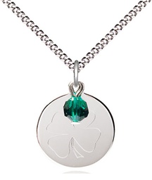 [5107EMSS/18S] Sterling Silver Shamrock Pendant with a Emerald bead on a 18 inch Light Rhodium Light Curb chain