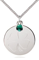 [5108EMSS/18S] Sterling Silver Shamrock Pendant with a Emerald bead on a 18 inch Light Rhodium Light Curb chain